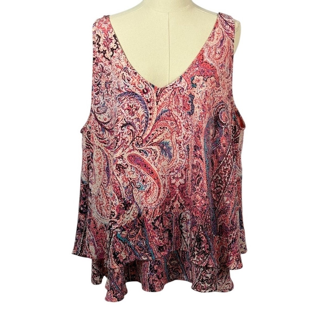 Boutique Pink, White, Purple, &‎ Teal Layered Tank w/ Paisley Print (Size 2X)